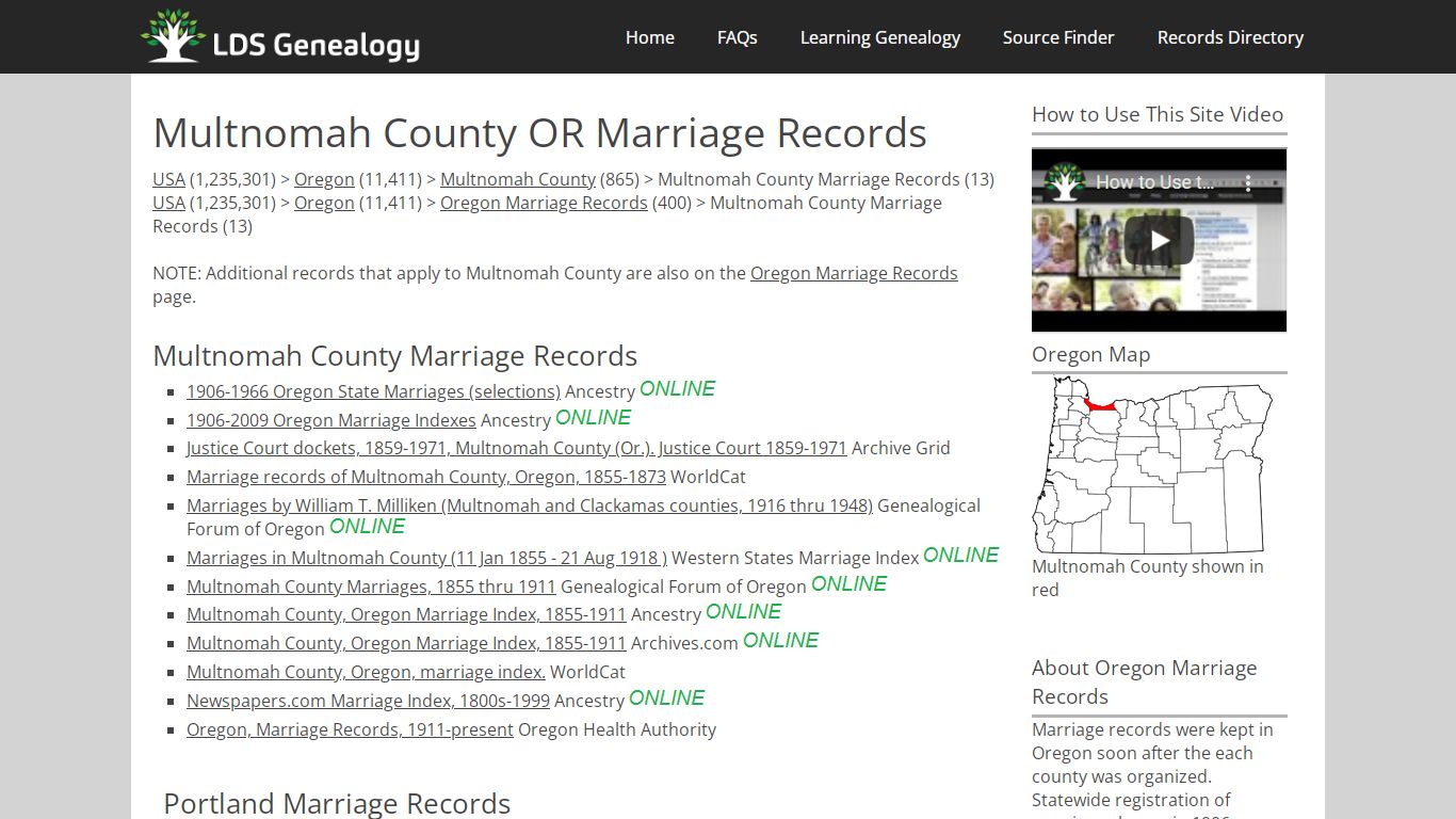 Multnomah County OR Marriage Records - LDS Genealogy